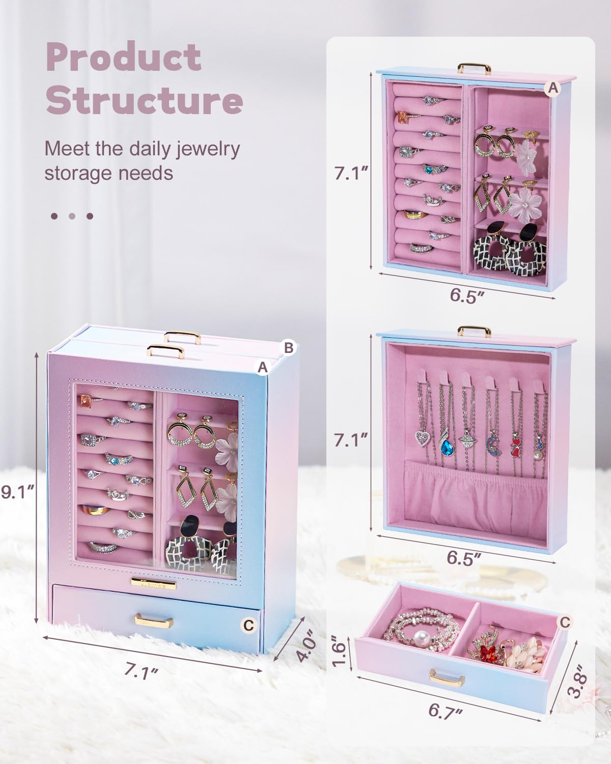 Homde Jewelry Organizer Girls Women Jewelry Box for Necklaces Rings Earrings Gift Bracelets Storage Case (Blue - Pink Gradient + Gold)