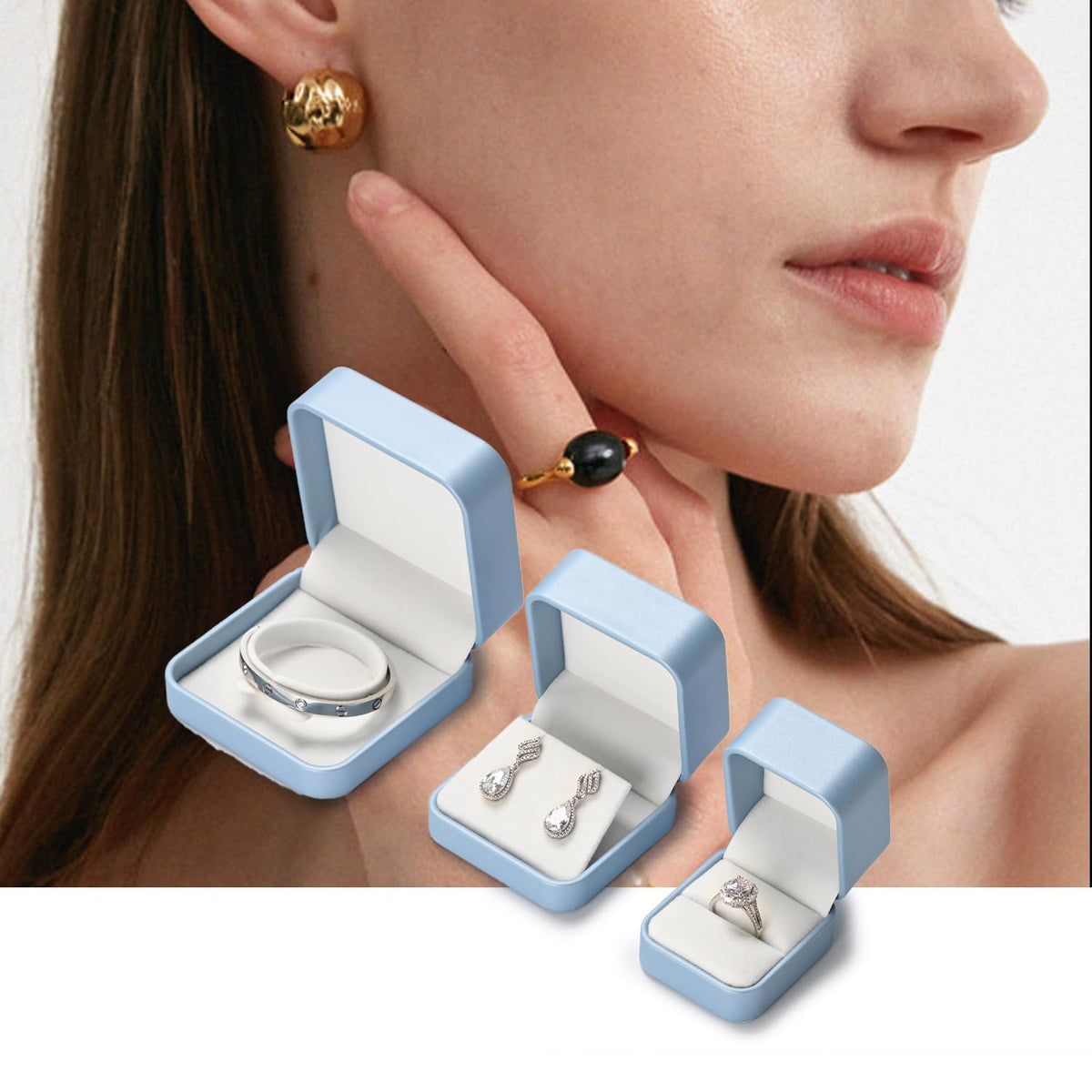 Oirlv Luxury Leather Jewelry Set Box Big Necklace Storage Case Jewelry Gift Box for Bracelet Necklace Earring Ring(Sky Blue)