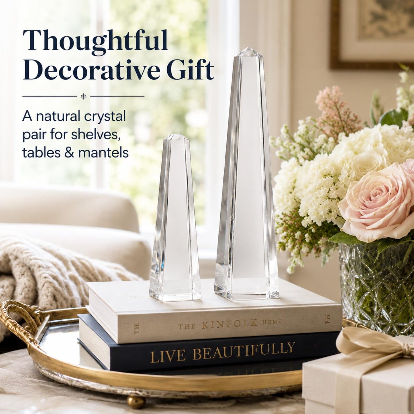 Novabright Crystal Obelisk Towers - 2 Pcs 9.25 Inch & 6.18 Inch Optical Crystal Decoration Set, Ideal for Farmhouse, Modern, and Home Decor for Mantel, Vanity, Side Table, Shelf, and Office Styling