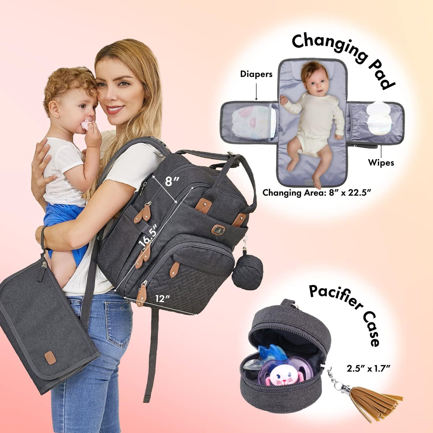 Dikaslon Baby Changing Bag Backpack, Large Baby Bag for Mum and Dad with 19 Pockets, Spacious Nappy Changing Bags with Mat, Pacifier Holder, Stroller Straps, Durable Polysteer (Dark Grey)
