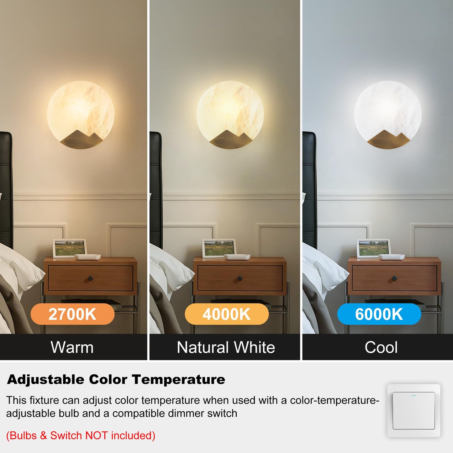 hkintty Marble Wall Sconce, Natural Marble & Gold Round Wall Sconce Hardwired, Dimmable Indoor Wall Light Fixture, Modern Wall Mounted Sconce for Bedroom Living Room Hallway Staircase (7.87", 1-Pack)