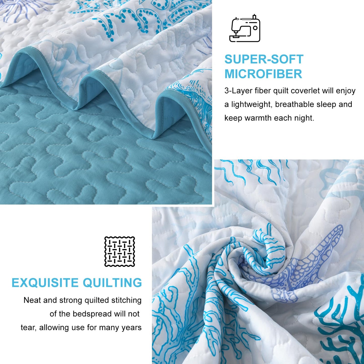 DJY Ocean Coastal Quilt Sets King Size,Reversible Microfiber Quilts with 2 Shams Soft Lightweight Beach Bedding Green Nautical Bedspread Coverlet Summer Comforter Set for All Season,110"x90"