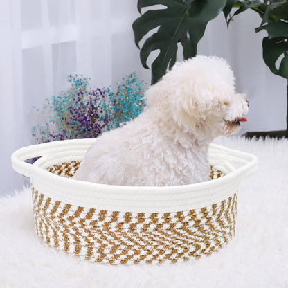 ABenkle Small Basket, 12"x 8" x 5" Cute Small Woven Basket, Rope Room Shelf Storage Basket, Cat Dog Toys Basket Chest Box, Decorative Empty Gift Basket with Handles