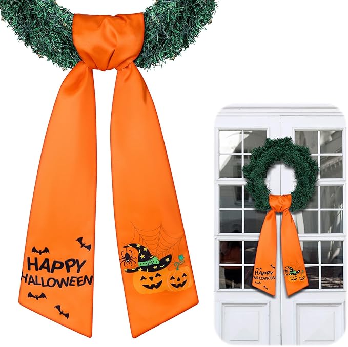 Wreath Sash for Front Door Wreath Satin Sash Blank Sashes Embroidery Monogram Yard Doorway Indoor Outdoor Wall Ribbon Bow Home Decor(Orange,Halloween Style)