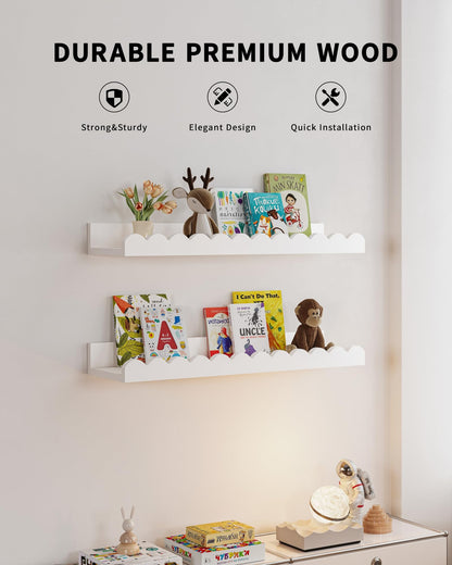 4-Pack White Floating Shelves for Wall, Nursery Book Shelf, Scalloped Design, Kids Bedroom, Toddler Room, Baby Room Decor