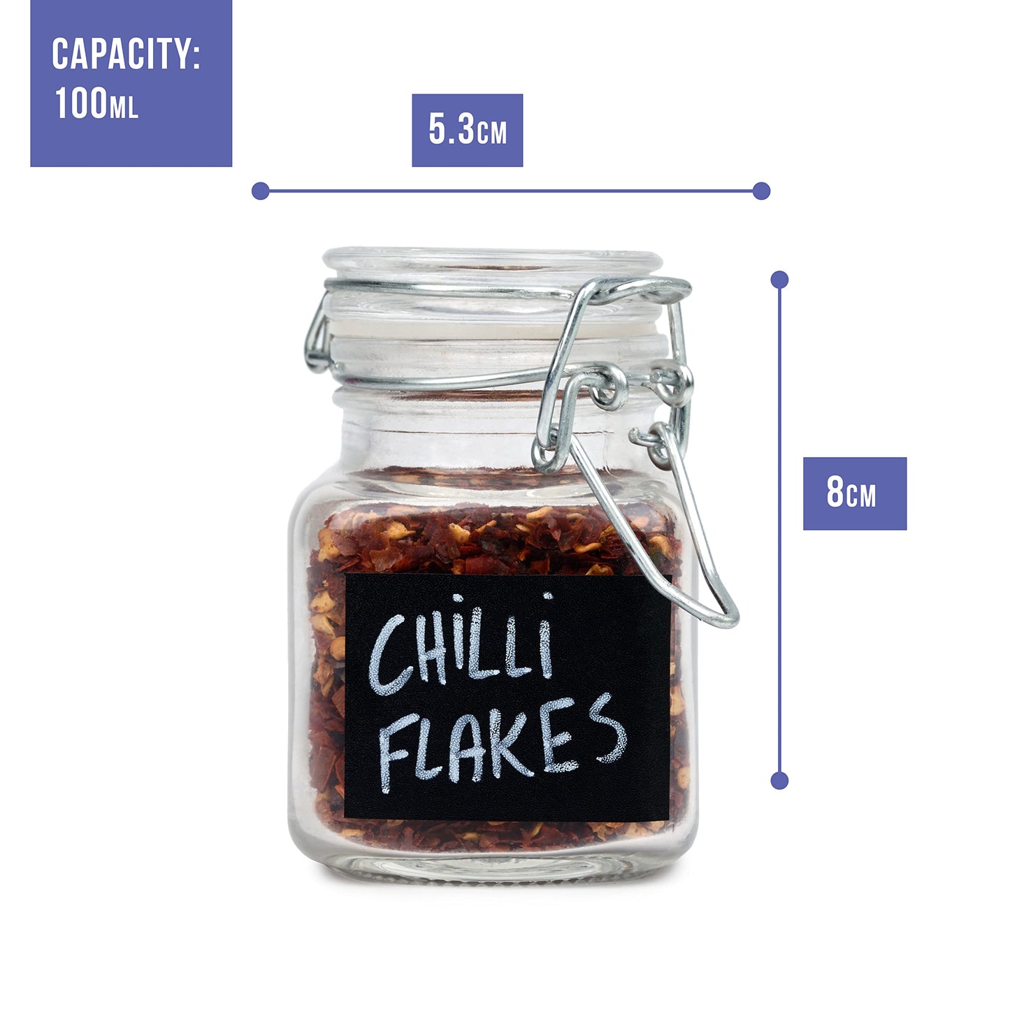 Oak & Steel - 24 Mini Clip Top Glass Spice Storage Jars - 100 ml Glass Canister Containers with Lids, 48 Labels and 2 Chalk Pen (8 x 5cm) - Perfect for Spice Storage, Jam, Honey, Gifting (24)…