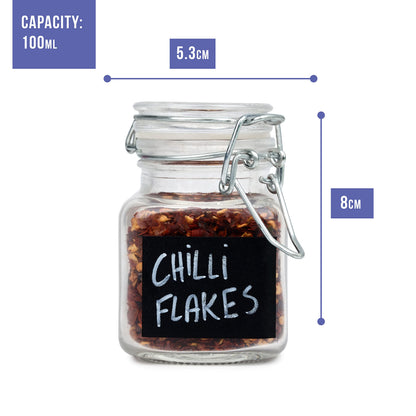Oak & Steel - 24 Mini Clip Top Glass Spice Storage Jars - 100 ml Glass Canister Containers with Lids, 48 Labels and 2 Chalk Pen (8 x 5cm) - Perfect for Spice Storage, Jam, Honey, Gifting (24)…
