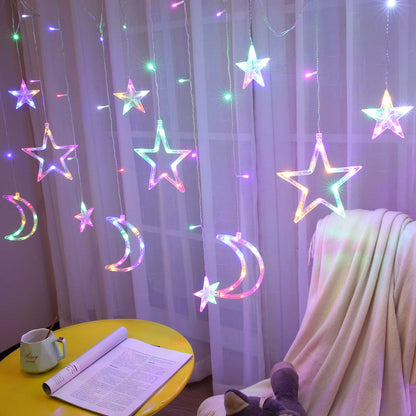 ALFEUND 138 Led Curtain String Light Star Moon Icicle Light with 8 Lighting Modes with Timer Remote USB Operated Dimmable Fairy String for Window Wall Home Decoration