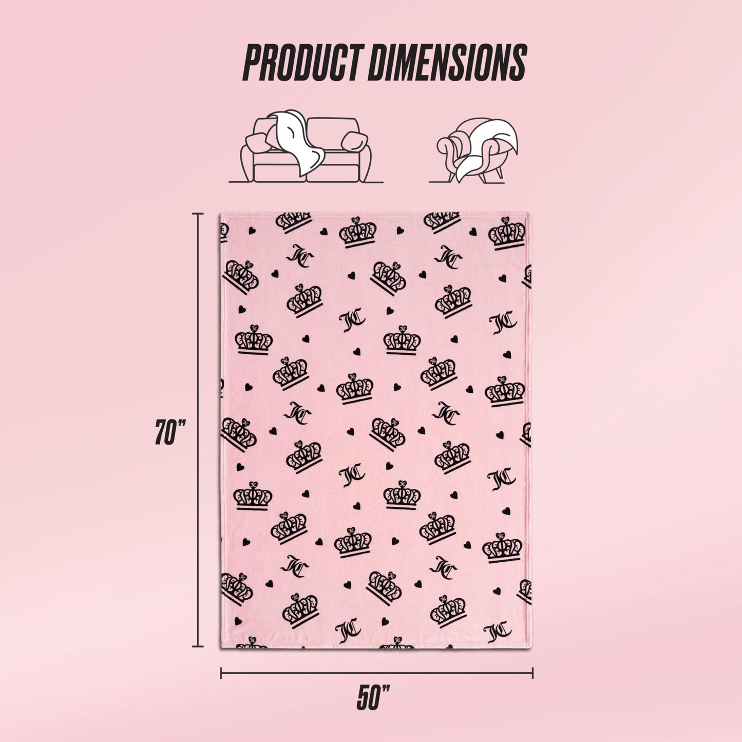 Juicy Couture Elegant Crown Diamond 50" x 70" Plush Throw Blanket, Pink - Decorative Blankets for Sofas, Throws for Chairs, and Beds