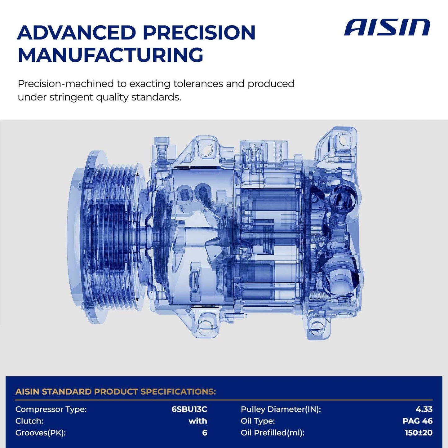 AISIN AFTERMARKET ACCAZ-00817 Air Conditioner AC Compressor - Compatible with Ram ProMaster City 2015-2022 - with 6-Pulley Groove, with Clutch