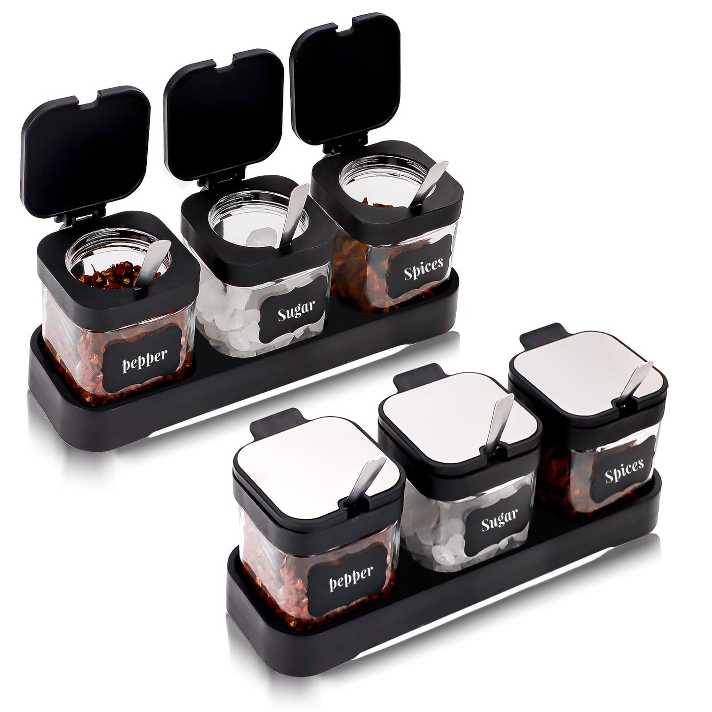 6Pcs Glass Condiment Container Spice Jar with Lids and Spoons, SHAIDOJIO 8.6oz Clear Condiment Canister Pot with Tray and Label, Seasoning Box Salt Container Sugar Bowl for Kitchen Home Table(2 Sets)