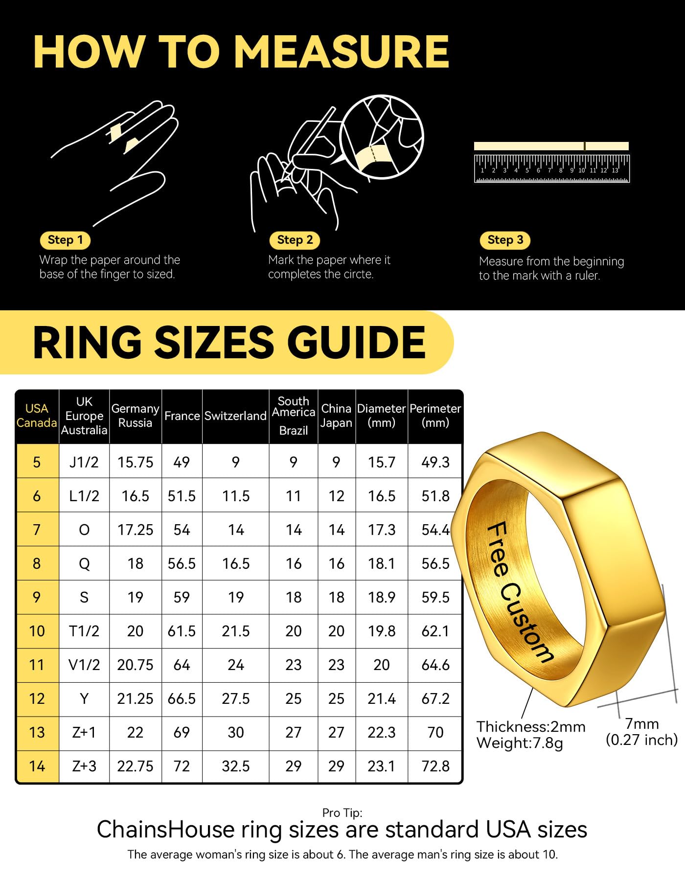 ChainsHouse Personalize Simple Band Rings 18K Gold Plated Geometric Hexagon Biker Ring for Men Women, Size 9