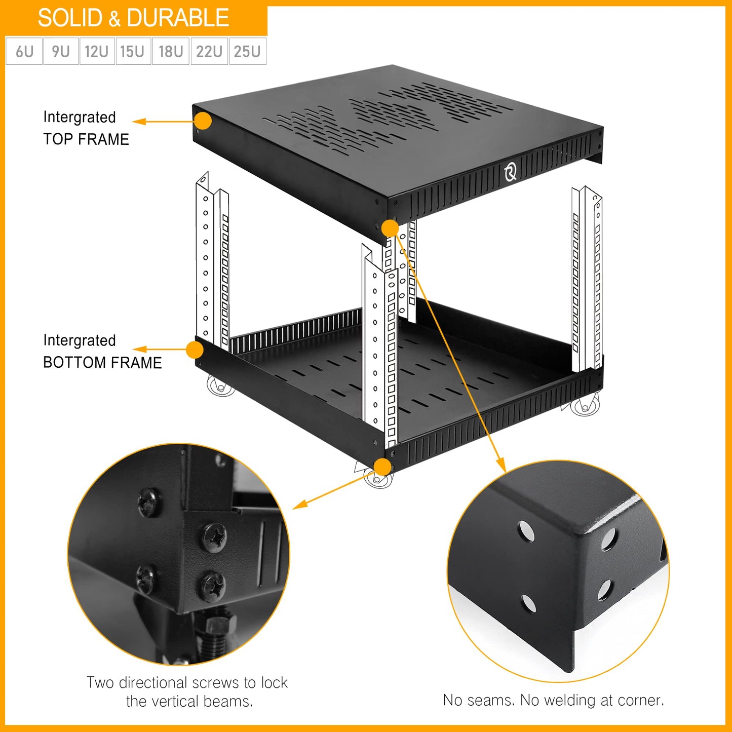 RIVECO 15U Network Rack with Reinforced Top Cover - 4 Post Floor Rack on Wheels for 19" Equipment & Stereo Gear- Including Rack Mount Power Strip & 1PCS 1U Rack Shelf