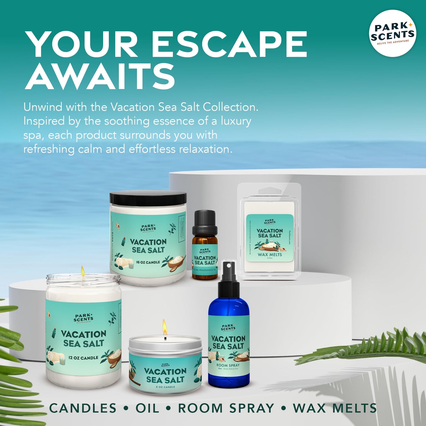 Park Scents Vacation Sea Salt – Theme Park Luxury Hotel Candle – Peppermint Eucalyptus Musk Scent – Vegan Soy Wax Blend Handmade in USA – Gifts for Women, Hostess, Sister, Birthday