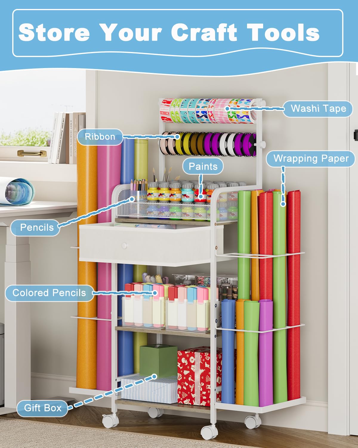 Rsaayekkt Wrapping Paper Storage Cart with Wheels, Rolling Gift Wrap Station with Fabric Drawer and Ribbon Holder, Metal Rolling Craft Cart, Craft Organizers and Storage Christmas