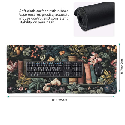Dark Academia Desk Mat, Floral & Book Pattern XXL Mouse Pad with Anti-Slip Base & Stitched Edges, Large Desk Pad for Computer Keyboard, Office & Home Decor for Women