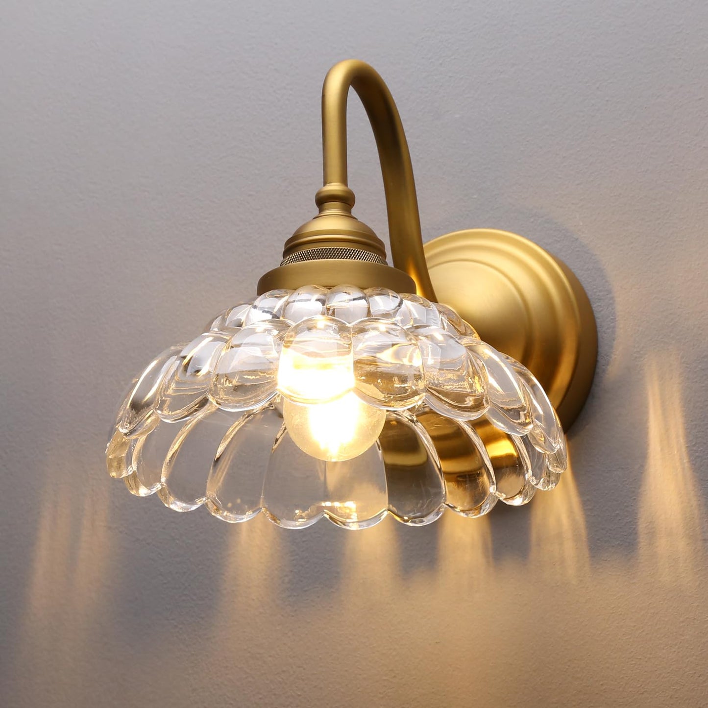 PERMO Vintage Gold Wall Sconce with Clrar Lotus Glass Shade Hardwired Bathroom Vanity Light for Mirror, Bedroom & Hallway
