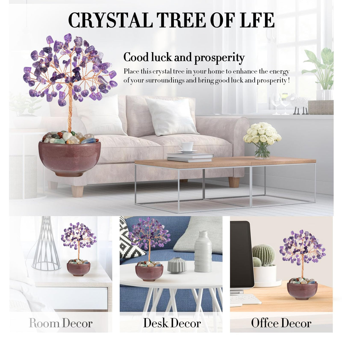 Handcrafted Amethyst Abundance Tree with Ceramic Base,5 Inch Natural Crystal Feng Shui Bonsai for Prosperity,Harmony & Energy Flow,Premium Healing Stone Decor for Home & Sacred Spaces
