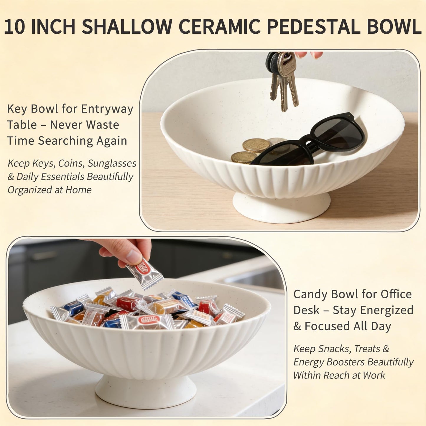 Afadorable 10 Inch Handmade Large Matte White Fluted Ceramic Pedestal Bowl, Decorative Fruit Bowl with Sandstone Speckles – Modern Farmhouse Centerpiece for Kitchen Counter, Entryway & Dining Table