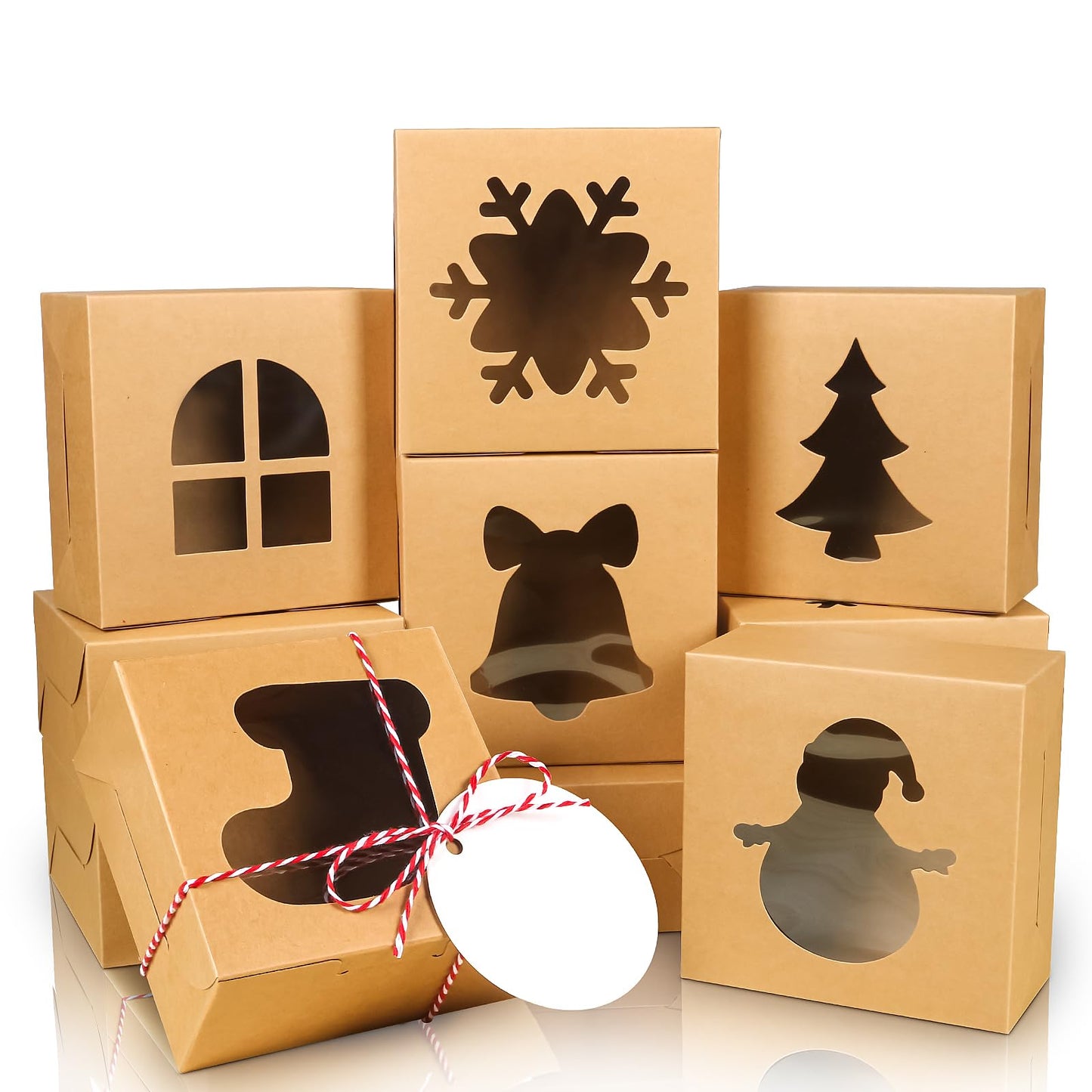 COTOPHER 18Pcs Christmas Cookie Boxes with Window, 4x4x2.5 inch Kraft Brown Bakery Boxes for Gift Giving, Mini Cake Boxes for Treat Donuts Chocolate Strawberries Pastries Muffins