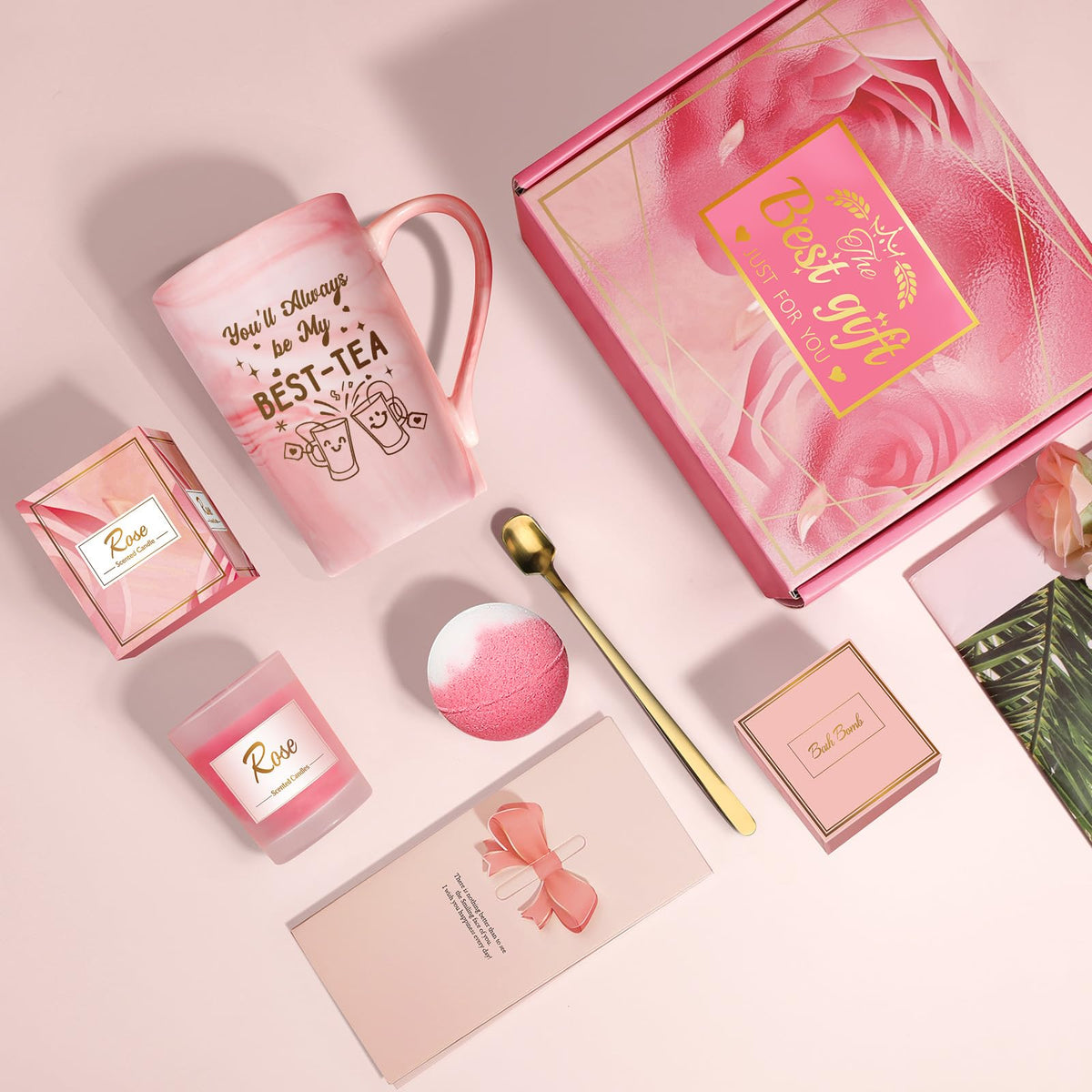 Bestie Gifts for Women: Eletorot BEST-TEA Friendship Gift for Best Friend Female, Pink Spa Relaxation Baskets Set, Galentines, Valentines, Mothers Day, Birthday, Christmas, Funny BFF Present