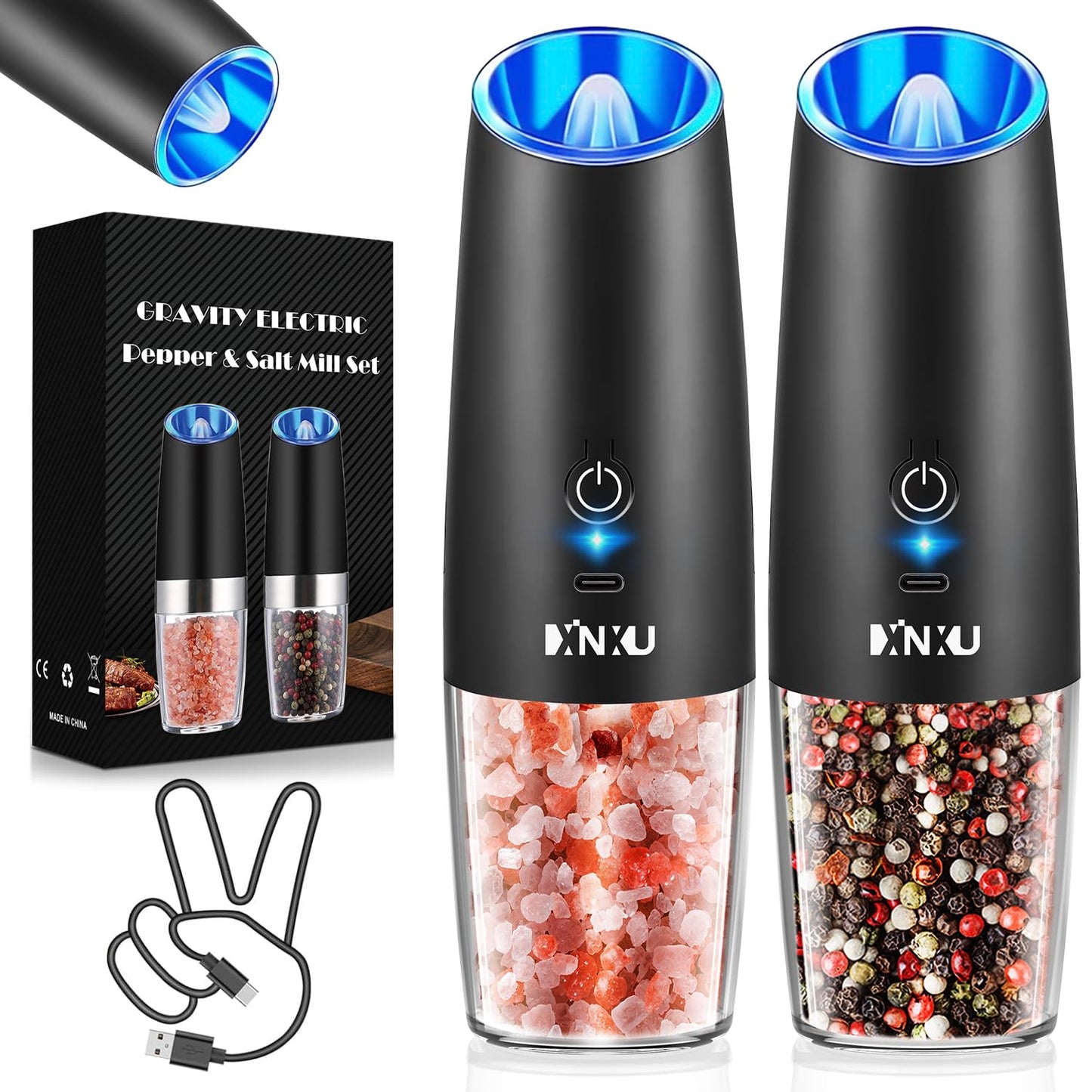 XinXu Rechargeable Pepper and Salt Grinder Set, whit Gravity Sensing Switch and LED Light, One Hand Automatic Operation -Black/2 Pack