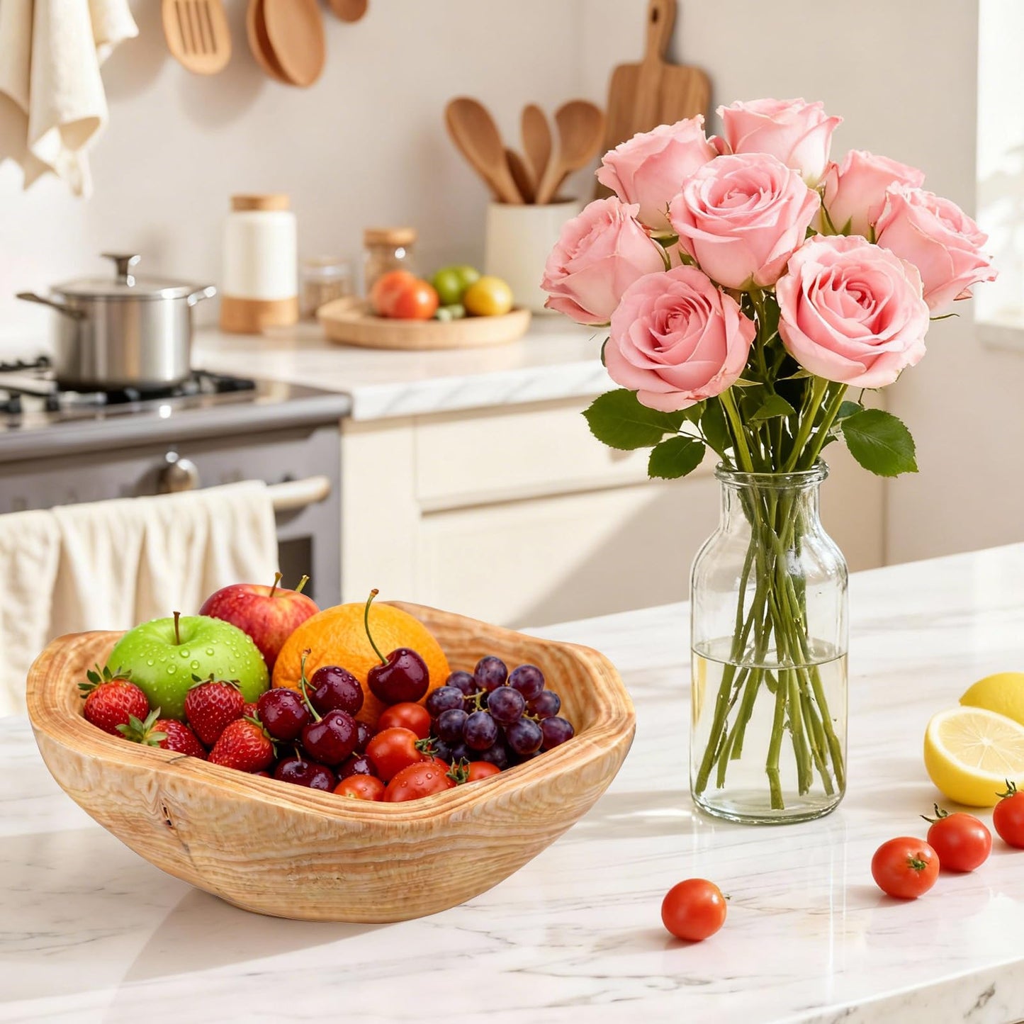 Fakindiy Handmade Wood Kitchen Fruit Bowl 10-12in - Irregular Wooden Decorative Bowl for Kitchen Counter, Wooden Serving Bowl for Salads Snacks Keys and Home Decor