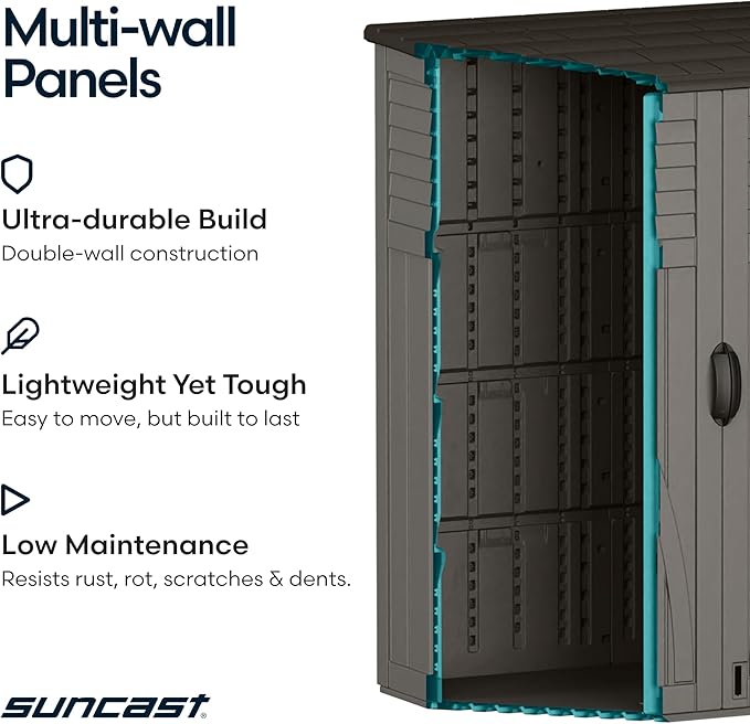 Suncast Outdoor Storage Cabinet Waterproof Resin Vertical Outdoor Storage Shed (54 cu. ft.) for Patio, Garden Tools, Cushions, & Equipment. Weatherproof Plastic Multi-Wall Design, Capacity Made in USA