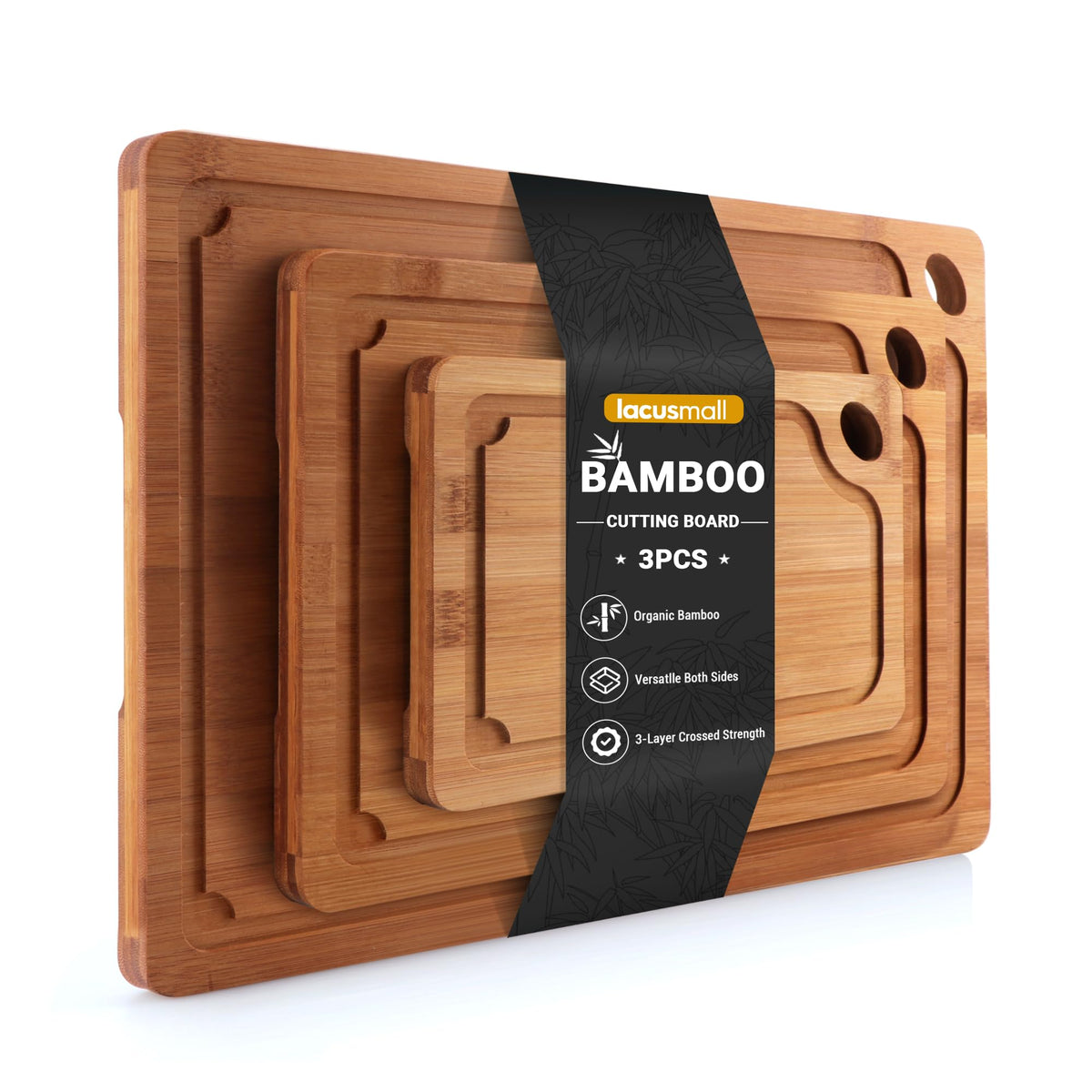Lacusmall Bamboo Cutting Board for Kitchen, 3Pcs Thickened Wooden Cutting Board Set with Deep Juice Groove, Built-in Handles Durable Chopping Boards for Separating Meat, Vegetables, Fruits, Ideal Gift