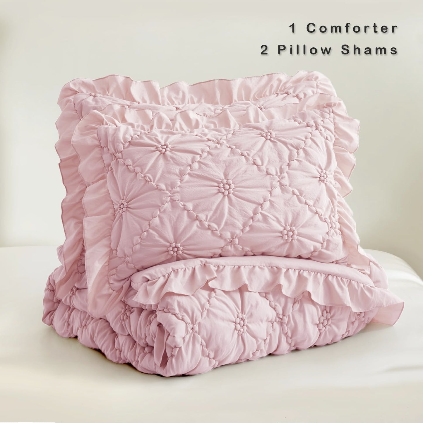BEDAZZLED King Size Comforter Sets, Pink Bedding Comforter Set, 3 Pieces Pinch Pleat Bedding Sets with Comforter and Pillowcases Soft Farmhouse Shabby Chic Comforter for All Seasons