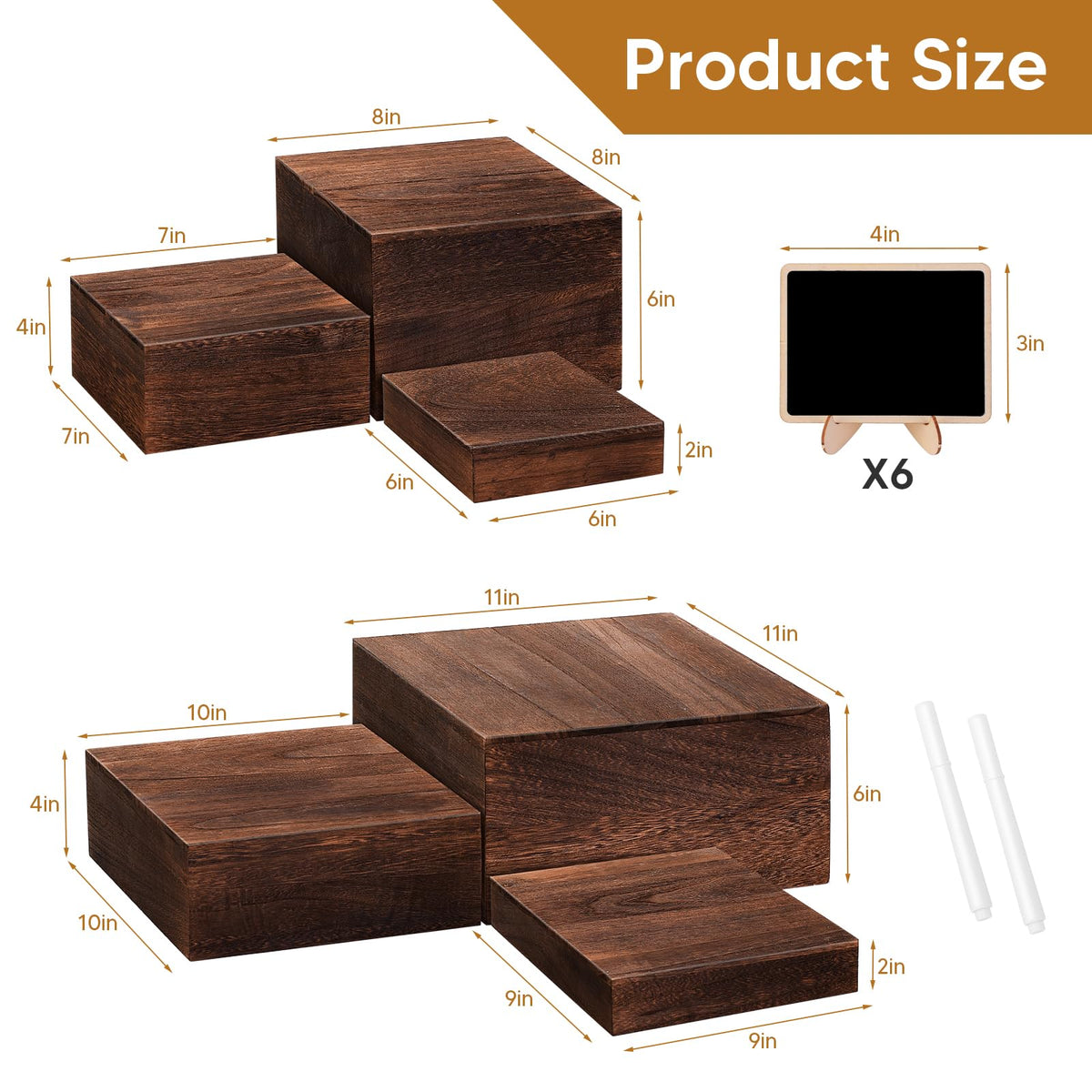 LEIFEOSH 6 Pack Wooden Risers Display Stands with Mini Signs Square Food Risers for Buffet Party Rustic Wood Cake & Cupcake Stands Nesting Box Wooden Crates for Display