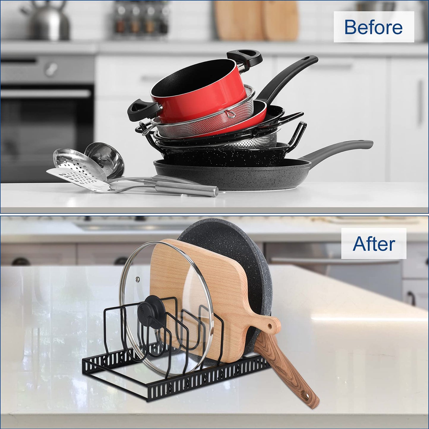 Toplife Pots and Pans Organizer Rack for Cabinet and Countertop, 10+ Pot Lids, Bakeware and Cookware Organizer Rack Holder with 10 Adjustable Compartments - Brown