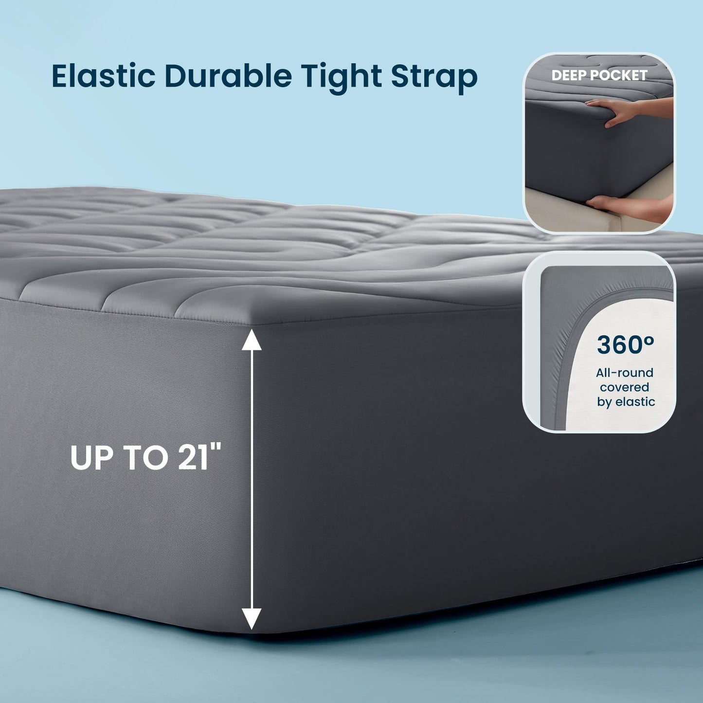 Sleep Zone Cooling Mattress Pad Twin, Support Mattress Topper, Breathable and Soft Mattress Protector, Deep Pocket Bed Cover, Machine Washable (Dark Grey, Twin)