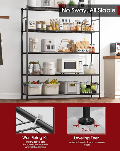 Storage Shelves - 5 Tier Shelf Organizer, Heavy Duty Garage Shelving Unit with Leveling Feet, Stable Metal Shelves Organizer for Pantry, Kitchen and Closet, 33.0" W x 12.6" D x 72.0" H, Black
