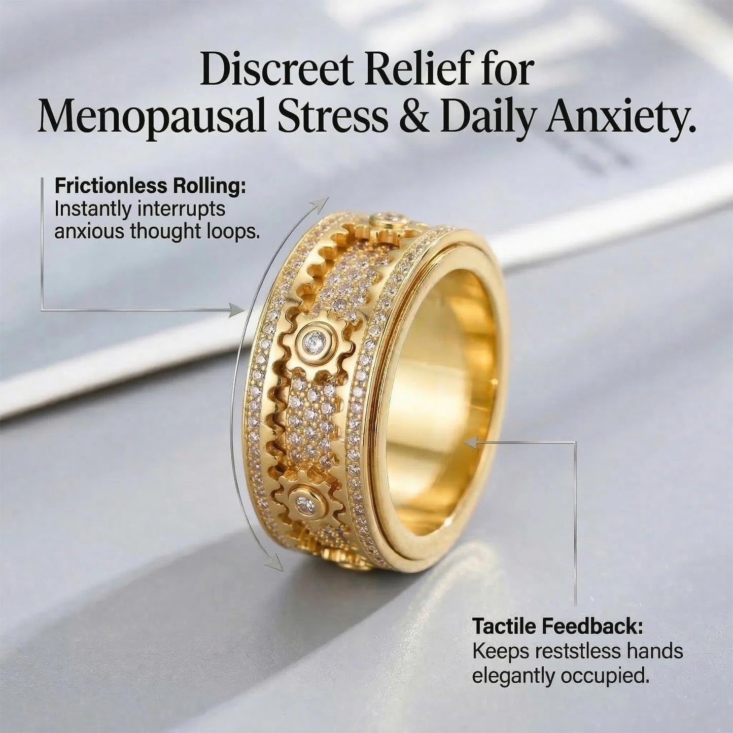 Xarewx Mindfulness Rings for Women, Fidget Ring, Adjustable Anti-Anxiety Fidget Rings, Menopause and Stress Ring, Calm & Everyday Wear (Gold, 12)