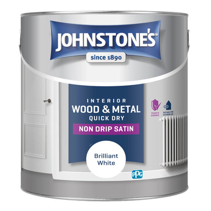 Johnstone's - Wood & Metal Paint - Satin Finish - Brilliant White - 2.5L - Water Based - Non Drip & Quick Drying - Radiator Paint - Low Odour - Dry in 1-2 Hours - 8m2 Coverage per Litre