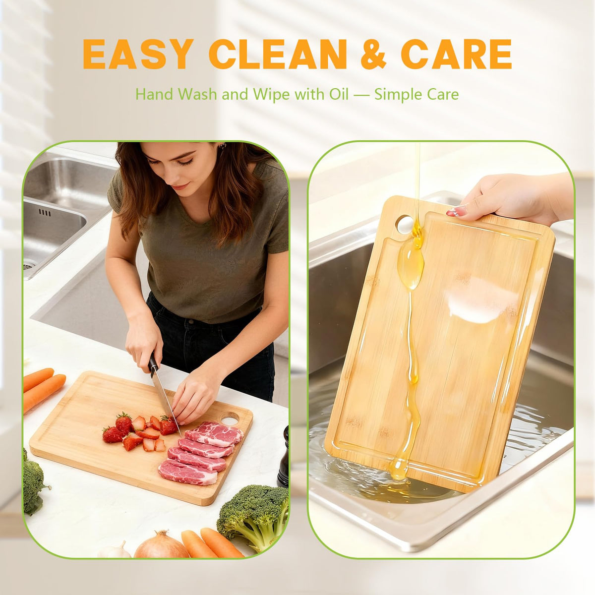 Bamboo Cutting Boards for Kitchen 14.9" x 9.6", Reversible Wood Cutting Board with Juice Groove & Side Handles, Chopping Board for Meat & Cheese, 100% Organic Bamboo