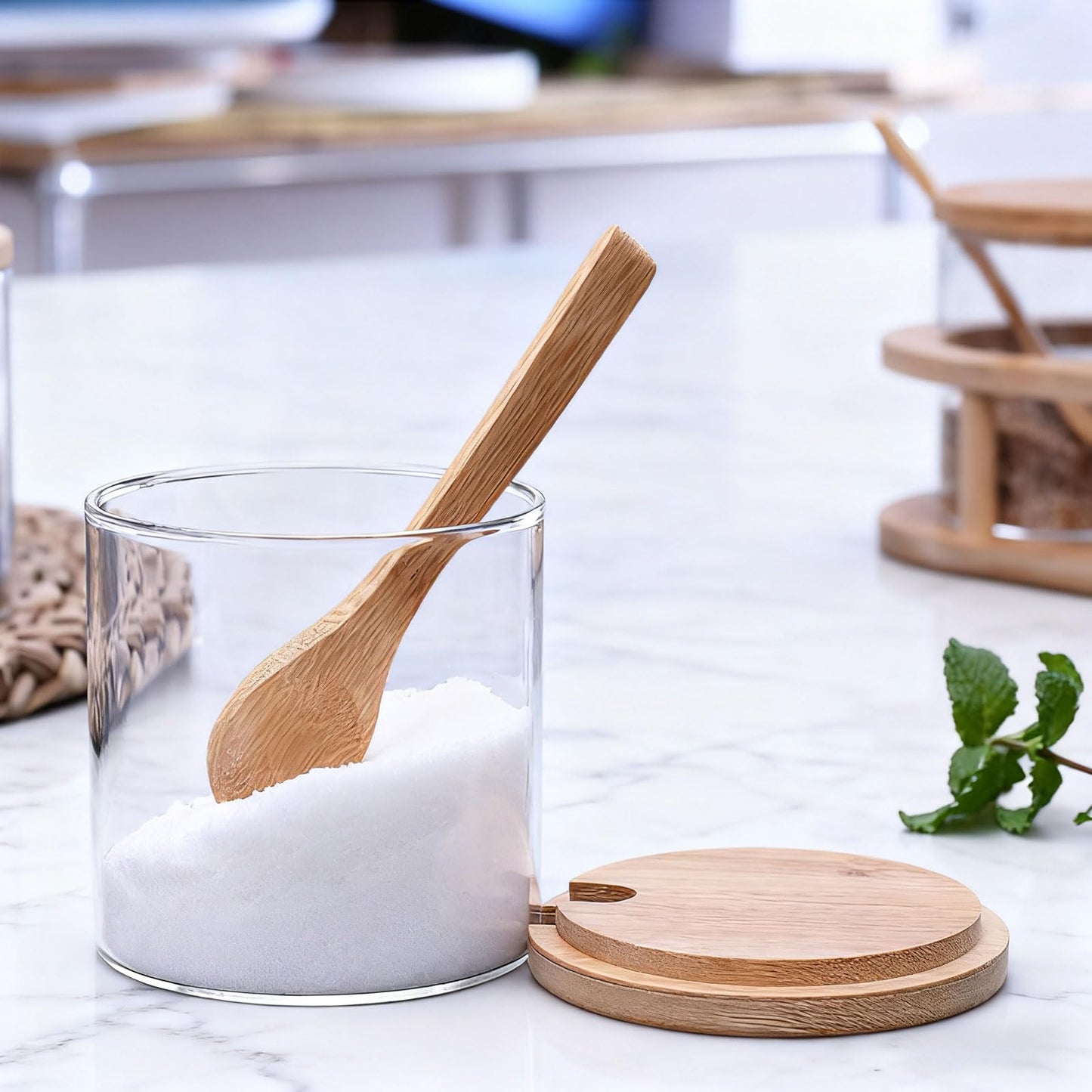 smarex Glass Condiment Jar Seasoning Container with Lids,white Salt Sugar Pepper Spice Container Bowls Pot with Spoon, Glass Pot,Set of 3, 8 Oz, for Home Kitchen Coffee Bar (high)