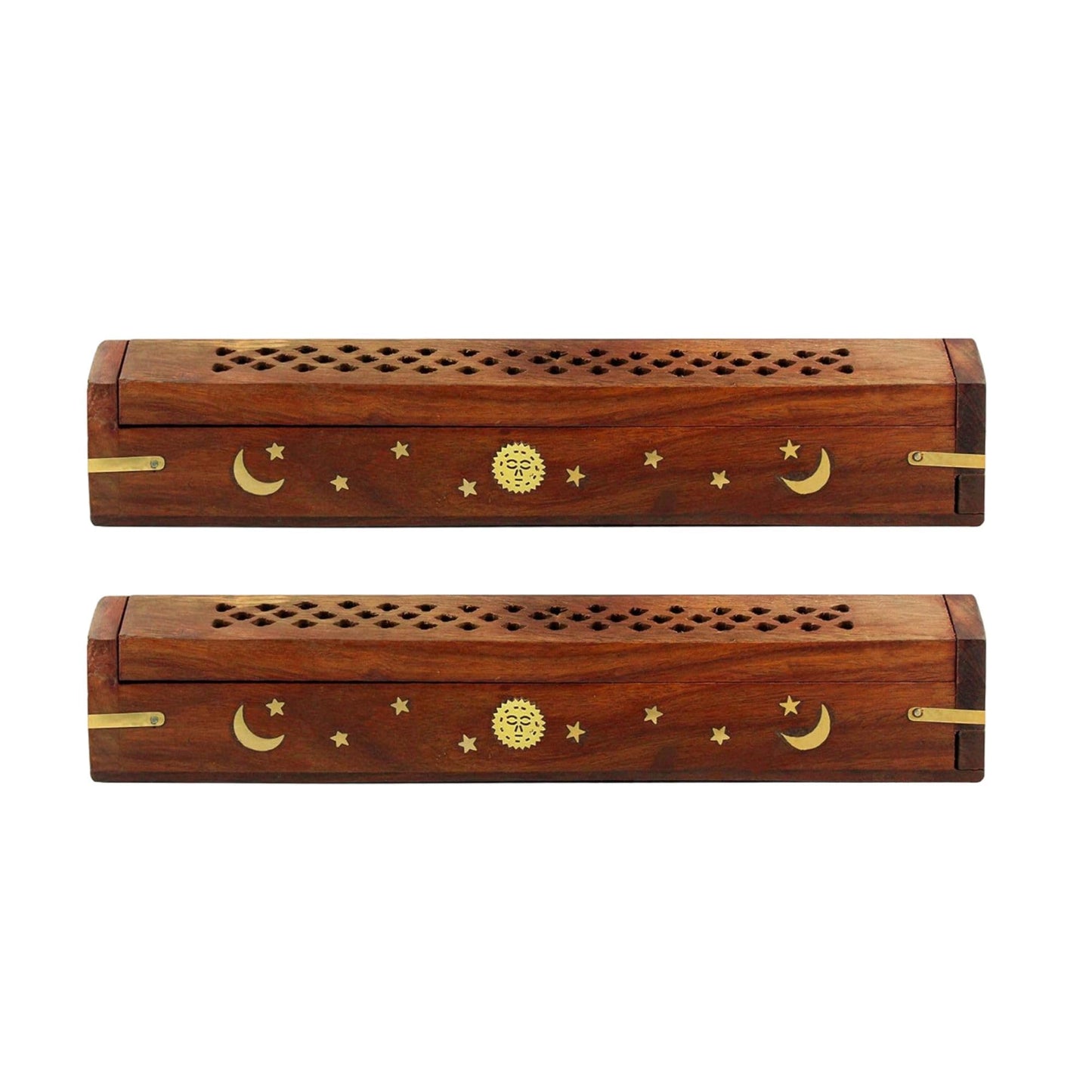 Vrinda® 2 Pack Handcrafted Wooden Incense Stick Holder with Sun and Moon Inlay - Ash Catcher for Meditation - Home Decor & Accessories, 12x2x1.5 inches