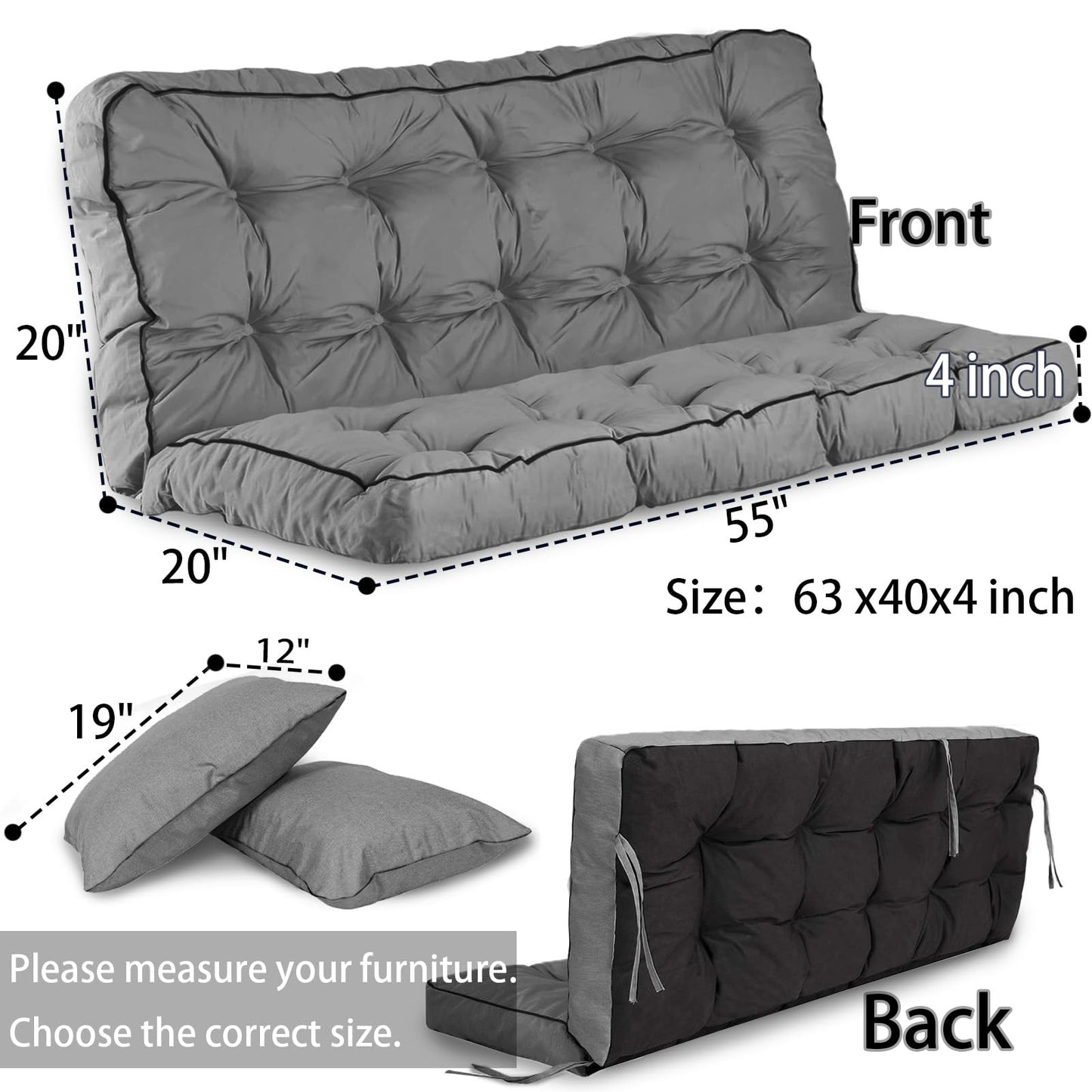Yehotty Outdoor Swing Cushions Waterproof, Thicken Porch Swing Cushion Replacement, 55 Inch Bench Seat Cushions for Garden Furniture Pad (Gray, 40X55 inch)