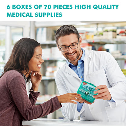 General Medi 420 Piece First Aid Kit, 6 Individual Boxes of 70 Items Each - Contains Premium Medical Supplies for Travel, Home, Office, Vehicle, Camping, Workplace & Outdoor (420 pcs, 6 Pack)