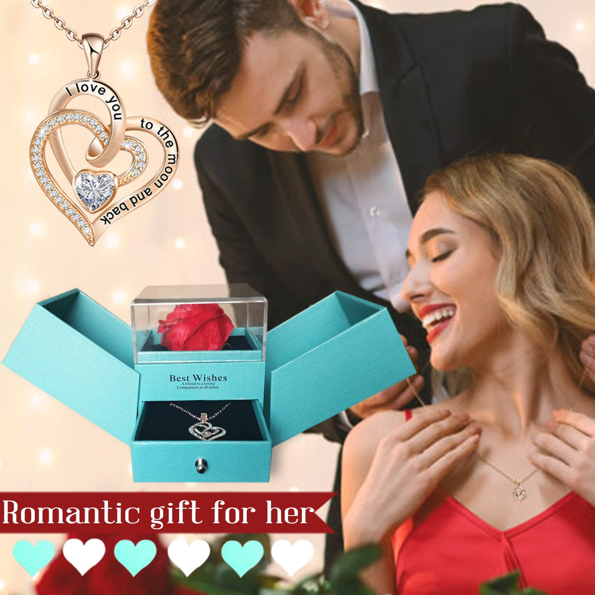 JOACHIO Mom Gifts, Preserved Rose Box with Heart Necklace,Gift Box and Cards, Gifts Ideas for Her, Gift Card Eternal Flowers for Mothers Day, Valentines, Birthday, Anniversary