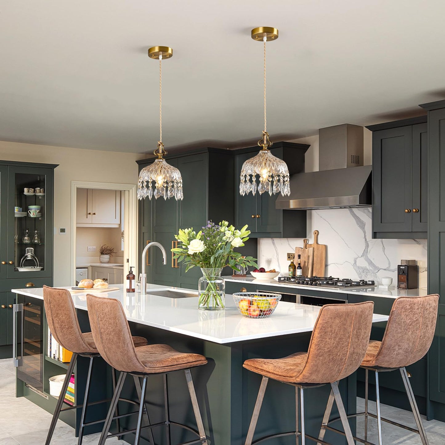 JXJYHL Brass Vintage Glass Pendant Light Crystal Hanging Light Fixtures,Adjustable Height Single Head Pendant Lights for Dining Room Living Room Bedroom Hallway(1-Pack)