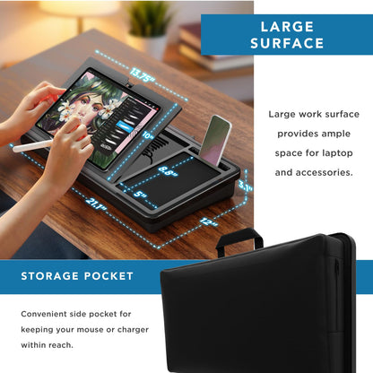 LAPGEAR Ergonomic Pro 2.0 Lap Desk with 9 Adjustable Heights, Built-in Mouse Pad & Phone Slot – Full Microbead Cushion, Storage Pocket – Fits Laptops up to 15.6" – Black – Style No. 49508
