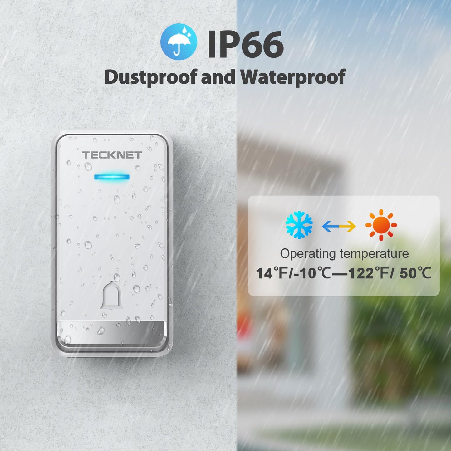 TECKNET Wireless Doorbell, Self-Powered Doorbell, 0-110db Plug-through Wireless Doorbell Ringer for Homes Classroom, IP66 Waterproof 1300ft Door Chime with Extra Socket, 60 Chimes, LED Light (White)