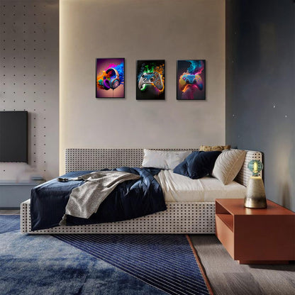 SEHSUVC Game Room Canvas Wall Art, 16x12inch 3-Piece set Wood Framed + 6 Pcs 8×10 Posters Prints, Neon Gaming Accessories Theme Gamer Wall Decor Gifts for Boys Youth Children Bedroom Home Decor