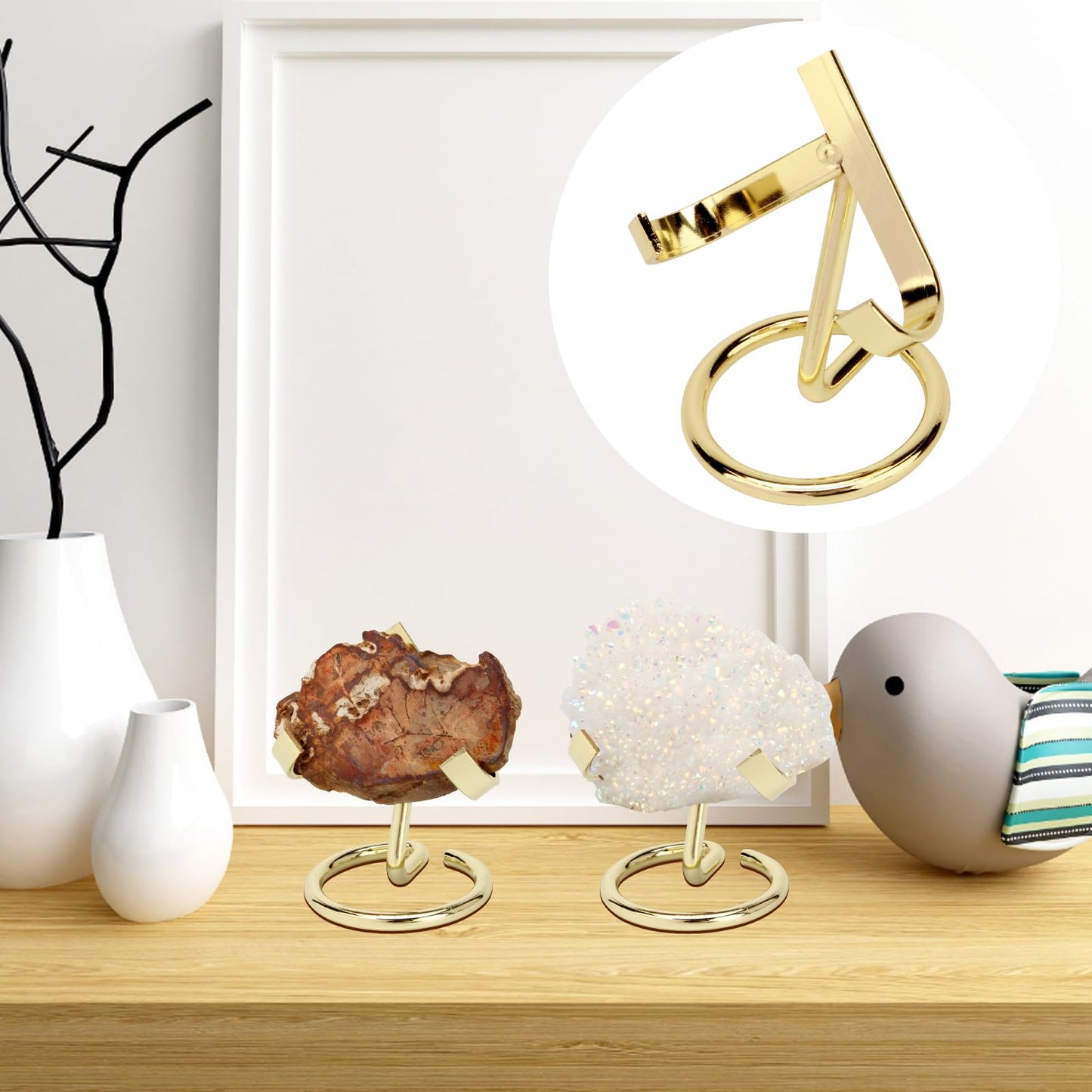 KCGANI 4 Pcs Metal Crystal Display Shelf, Rock Display Stands Crystal Holder Heart, Golden Display Stand for Mineral Gemstone Agate Fossil Coral Jewelry Showcasing for Home Shop Office Use