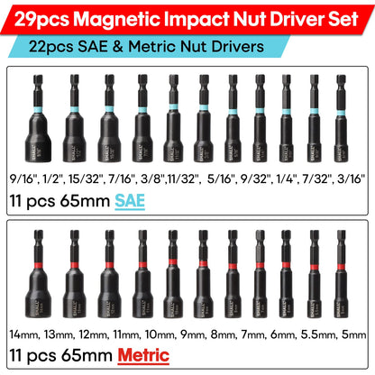 Shall 29PCS Magnetic Nut Driver Set, Impact Drill Bit 1/4'' Hex Shank, SAE & Metric Cr-V Steel Power Drivers with Quick-Release Extensions, Socket Adapters, Holder and Storage Bag