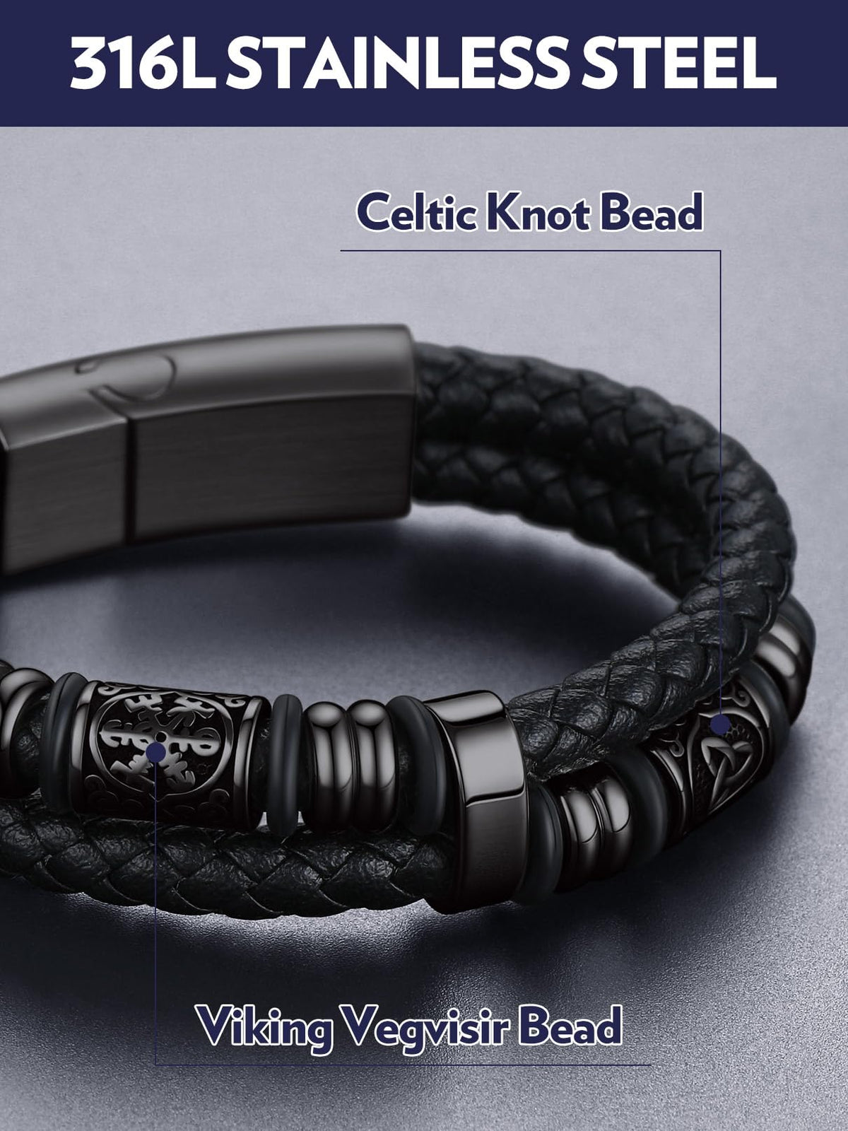 Bandmax Black Leather Viking Nordic Bracelet for Men 8.26 Inch Celtic Knot Beaded Wristband Bracelets Norse Style Men's Wrist Jewelry Gift for Son Husband Father Christmas Birthday Father's Day