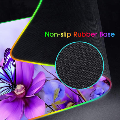 Bosness RGB Gaming Mouse Pad and Coffee Coaster, XXL Large Glowing LED Mousepad, Anti-Slip Rubber Base, Computer Keyboard Desk Mouse Mat 31.5 X 11.8 Inch - Purple Flowers and Butterfly